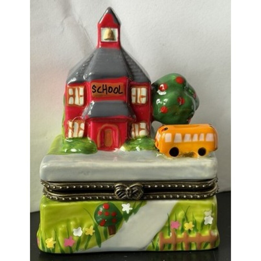 Little Red School House Teacher Bus Hinged Trinket Box and apple inside